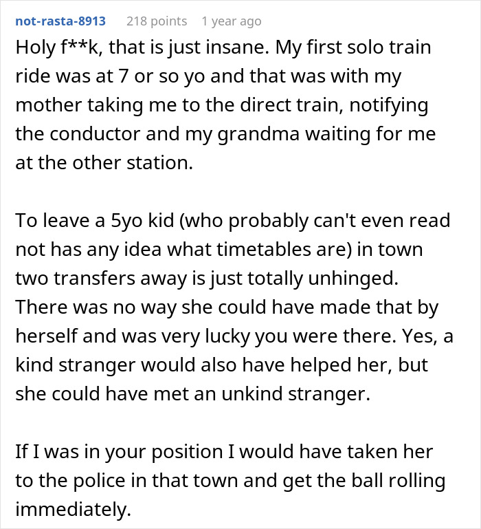 Comment discussing dangers of parents abandoning 5YO daughter in another city and neighbor's quick CPS call response.