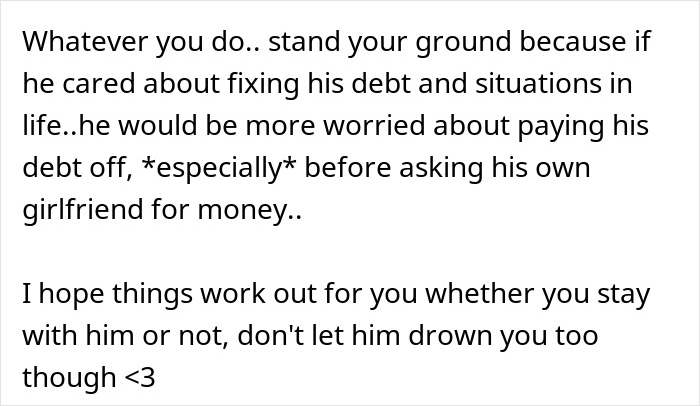Text advice about standing your ground when a man with debt asks his girlfriend to take a loan for a Spiderman costume purchase.