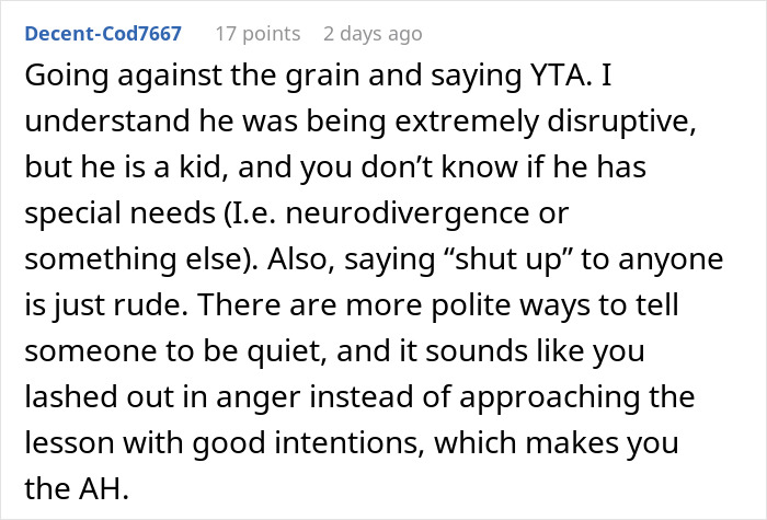 Comment discussing a man telling a disruptive kid on a plane to shut up, upsetting the mom, highlighting neurodivergence.