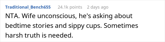 Comment text from user about clueless husband standing and watching wife with high fever, highlighting lack of action.