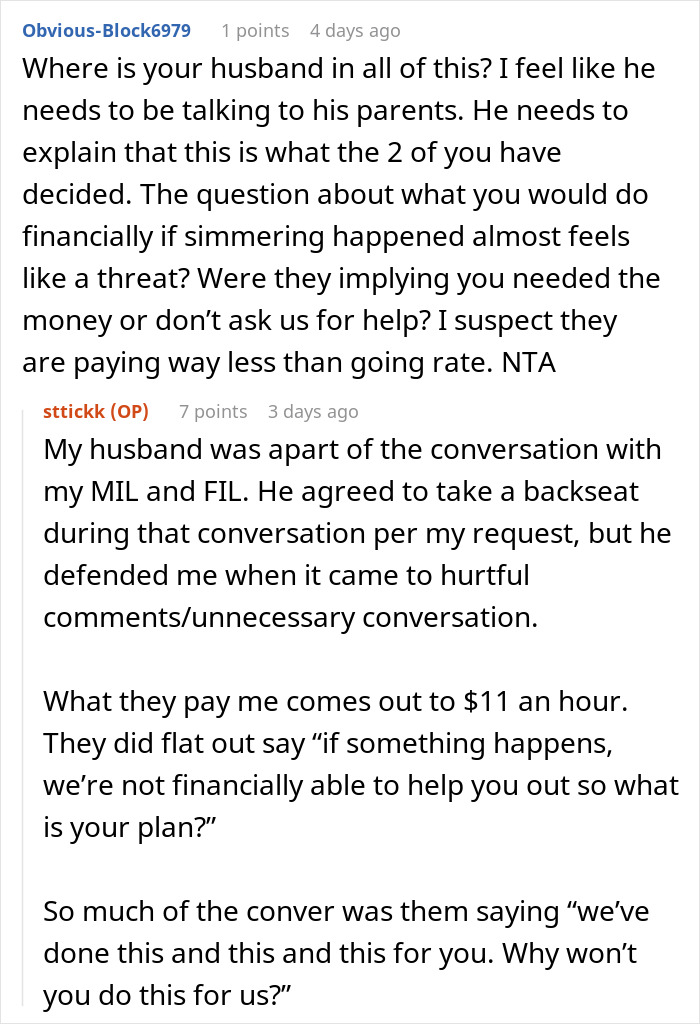 Screenshot of an online discussion about parents guilt-tripping daughter-in-law over cheap babysitting and financial concerns.
