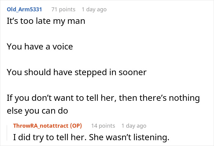 Reddit comment discussion showing a husband unattracted after his wife's plastic surgery, expressing frustration and silence.