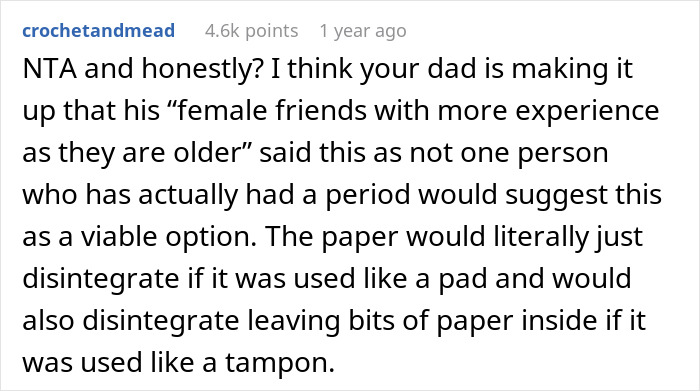 Comment discussing clueless dad&rsquo;s period advice on using paper towel and being called out for unrealistic menstrual ideas.