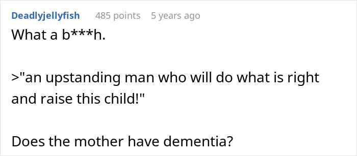 Screenshot of a Reddit comment reacting to a story about a cheater trying to trap her ex with a baby lie.
