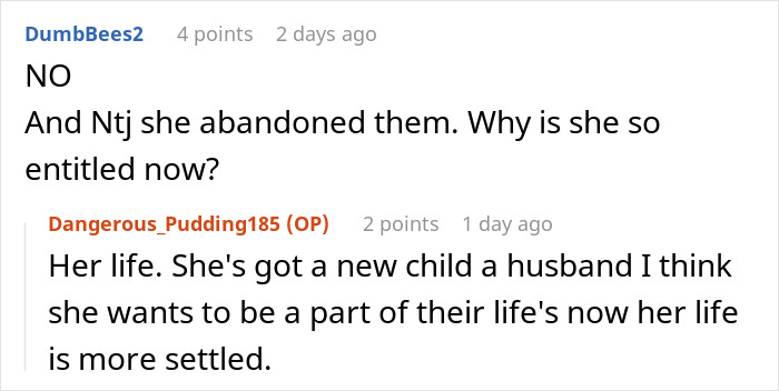 Screenshot of an online conversation discussing a mom who abandoned 2 kids with her 23-year-old sister.