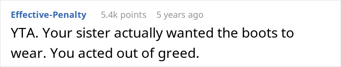 Comment text on a white background saying a sister wanted to wear grandma&rsquo;s leather shoes and the other acted out of greed.