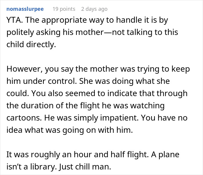Screenshot of a Reddit comment discussing a man telling a disruptive kid on a plane to shut up, upsetting the mom.