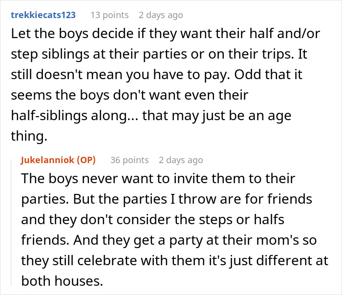 Screenshot of a Reddit conversation discussing blended family dynamics and frustrations over parenting and trip arrangements.