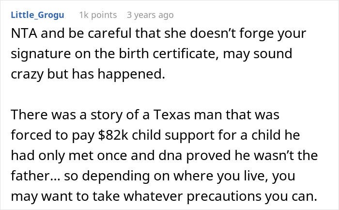 Comment warning about potential birth certificate forgery in a woman keeping ex&rsquo;s baby and assuming male best friend as father.