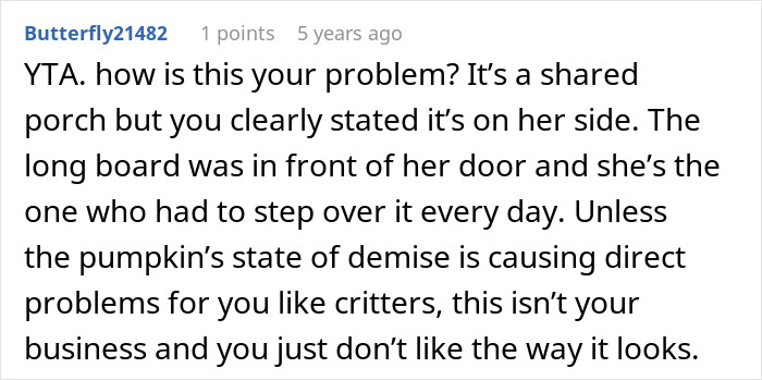 Text post from user Butterfly21482 expressing annoyance about a neighbor&rsquo;s rotting pumpkin on shared porch causing inconvenience.