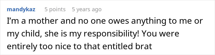 Text comment from an online discussion where a mother states her responsibility for her child and criticizes entitlement during a flight.