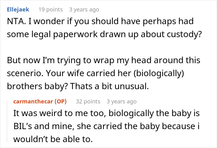 Reddit conversation about guy helping sister-in-law conceive using IVF and legal concerns about being technically the kid&rsquo;s dad.