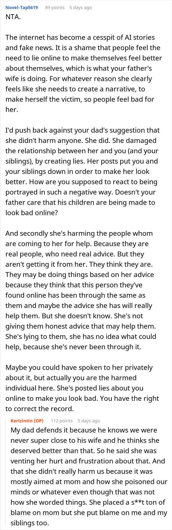 Reddit comments discuss a teen struggling with stepmom&rsquo;s hypocrisy and lies damaging family relationships online.