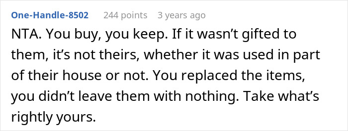 Comment explaining ownership rights and taking back belongings after parents move into remodeled daughter's room.