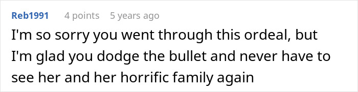 Alt text: Online comment expressing relief after a cheater tries to trap her ex with a baby lie, calling her bluff and finding peace.