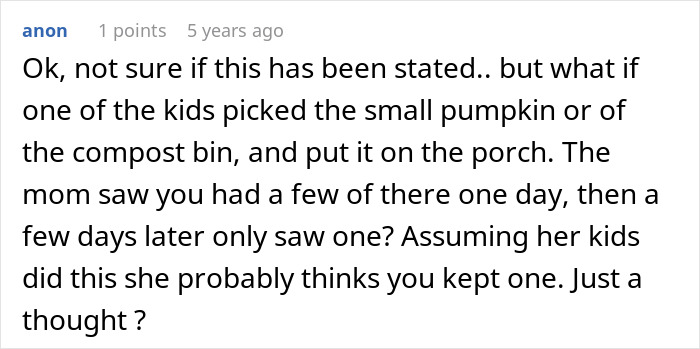 Comment discussing a neighbor annoyed by a rotting pumpkin, suggesting a possible passive-aggressive message idea.