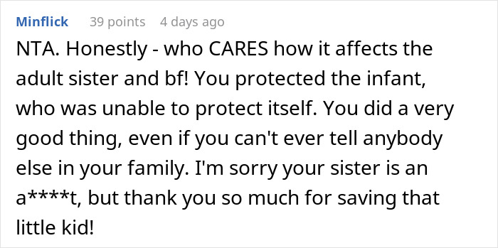 Screenshot of a comment supporting a report to CPS to protect an infant from illegal adoption plan by sister. Screenshot of a comment supporting a report to CPS to protect an infant from illegal adoption plan by sister.