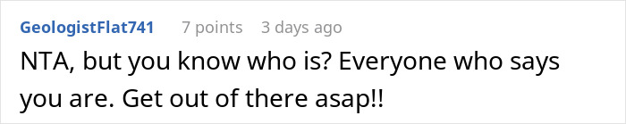 Screenshot of a Reddit comment urging someone to leave a problematic relationship after family sides with creepy brother-in-law.