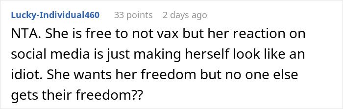 Screenshot of a social media comment debating vaccination freedom and conflict between parents over unvaccinated children.