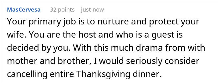 Comment about nurturing wife and hosting Thanksgiving, discussing family drama and canceling dinner plans.