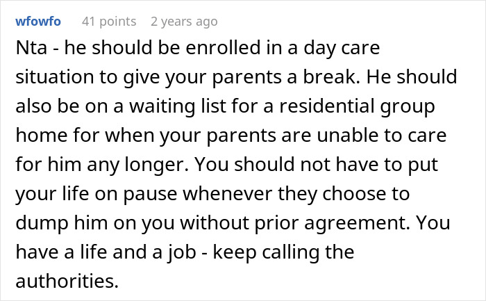 Screenshot of online comment discussing setting a boundary about disabled brother&rsquo;s care after a drop-off incident.