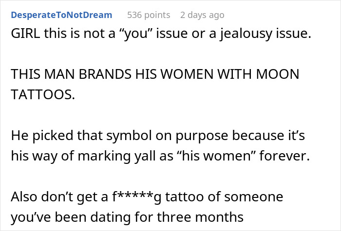 Alt text: Woman couple showing moon tattoos as symbols from boyfriend marking his ex as his women forever.