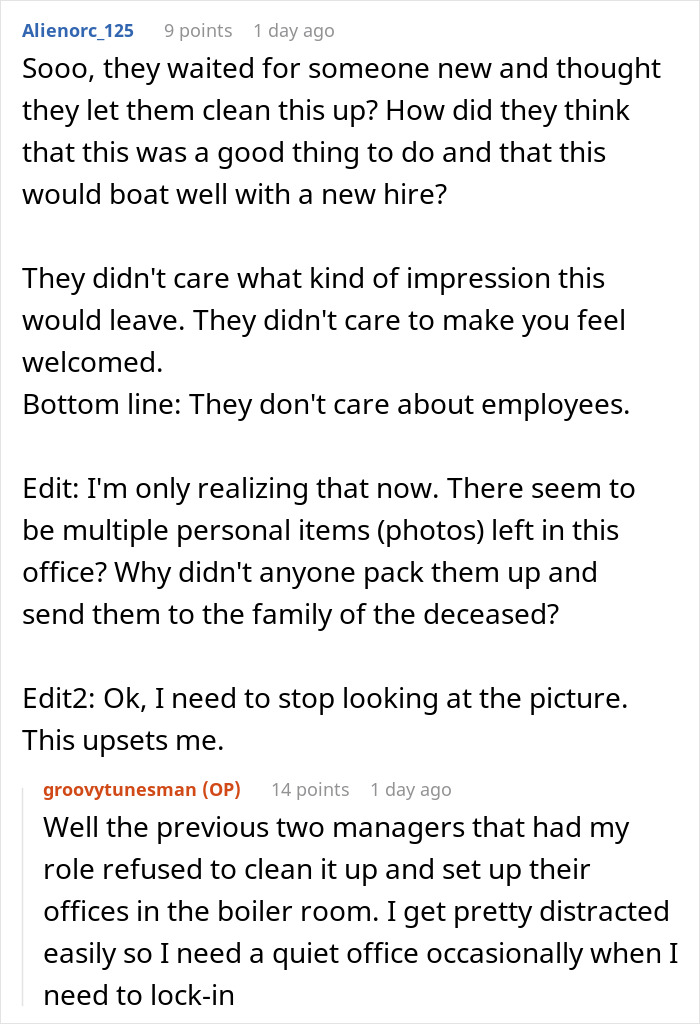 Reddit comments discussing a new hire tasked with cleaning a deceased coworker&rsquo;s office frozen in grime after getting a job.
