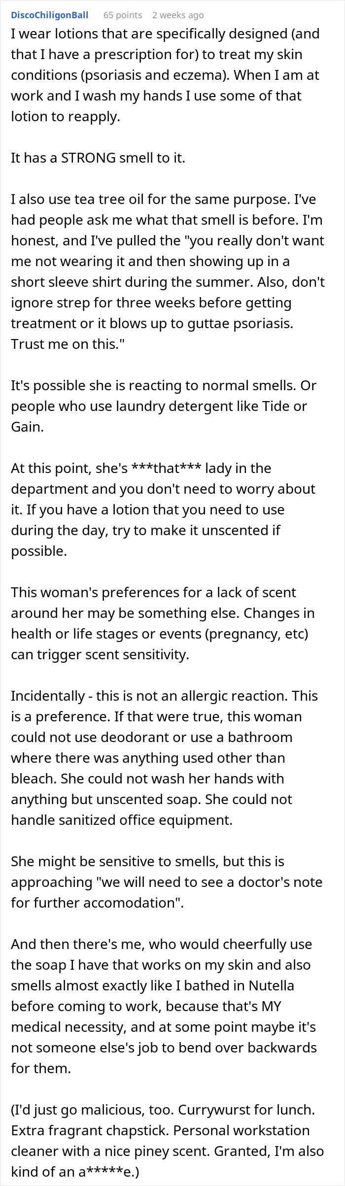 Text post discussing workplace perfume bans and employee allergies, emphasizing scent sensitivity and personal accommodations.