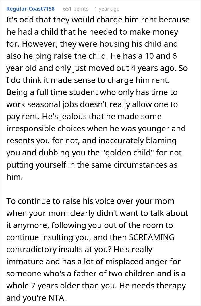 Text post discussing a woman calling out her brother for being controlling after labeling her the golden child.