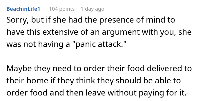 Commenter discussing autistic woman&rsquo;s panic attack and argument over food at a restaurant with a complaint about free meals.