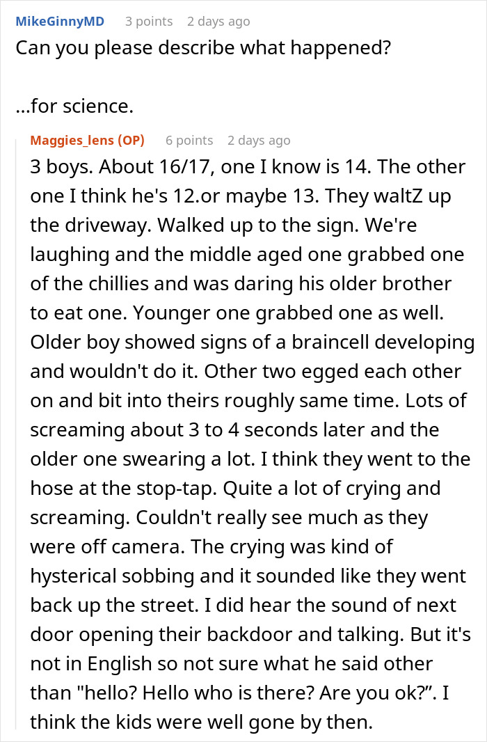 Woman torn between laughter and guilt after her hot revenge on neighborhood kids unfolds with surprising results.