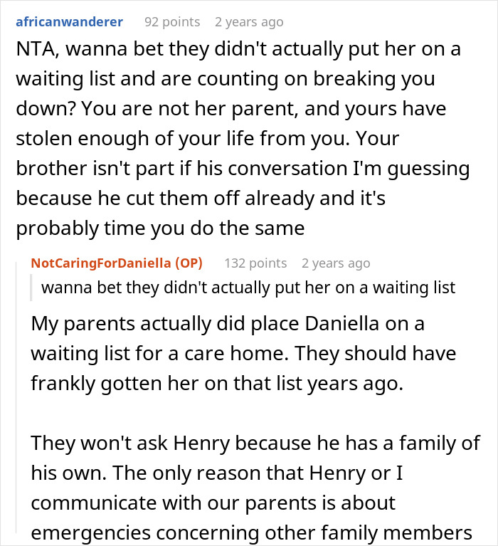 Reddit conversation discussing refusal to care for disabled sister and family calling man ableist for it. Reddit conversation discussing refusal to care for disabled sister and family calling man ableist for it.