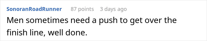 Screenshot of a forum comment praising a woman who staged her apartment to impress a guy before admitting it at their wedding.