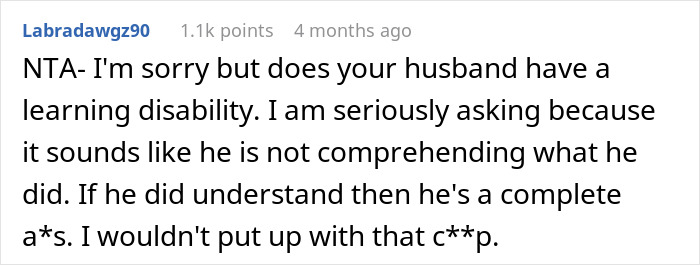 Comment discussing husband's behavior and frustration over wife cooking the same dish after restricted ingredient purchases.