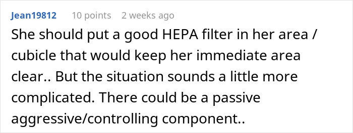 User comment suggesting using a HEPA filter to help accommodate employee allergies after workplace bans perfume.