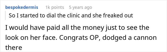 Comment screenshot showing a user saying they dodged a cannon after a cheater tries to trap her ex with a baby lie.