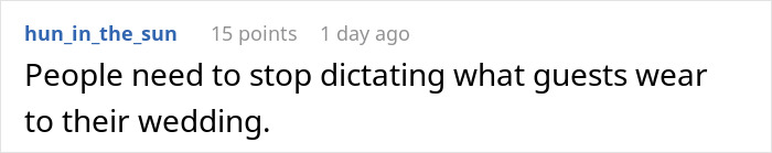 Text post from Reddit user hun_in_the_sun expressing frustration about guests dictating wedding attire at a Halloween wedding.