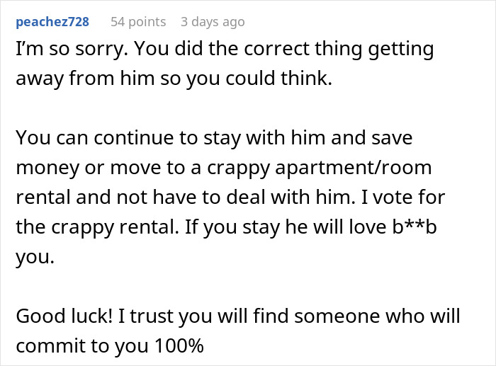 Commenter offering advice on a breakup after a guy proposes with a ring then mentions open marriage.