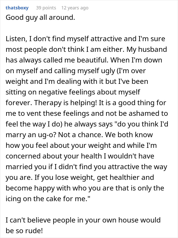 Text post with a user sharing feelings about self-image and reassurance from husband despite negative thoughts about being ugly.