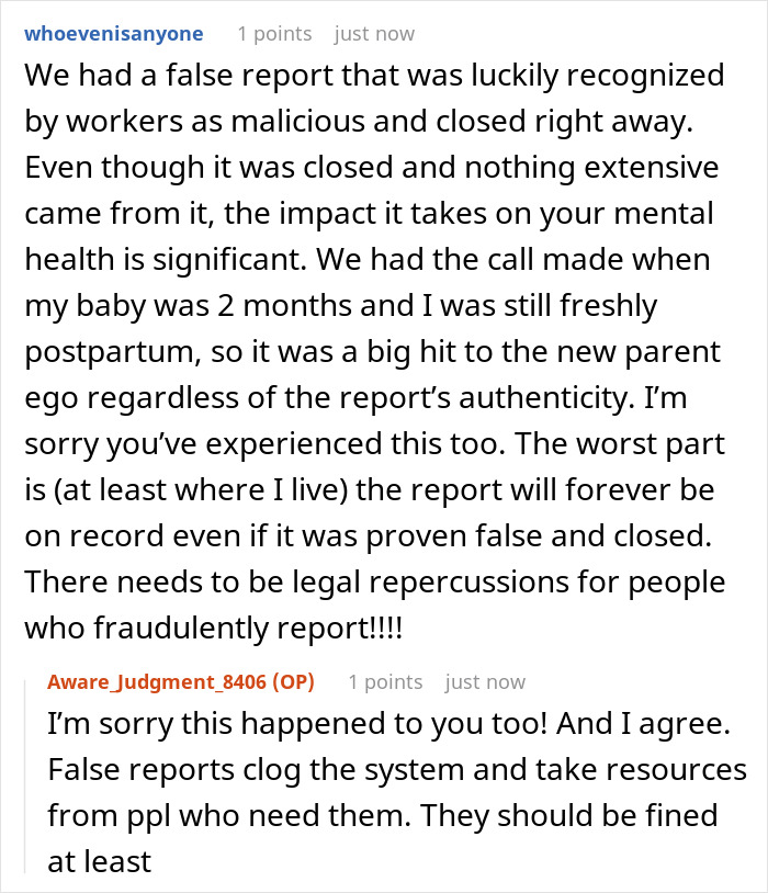 Screenshot of a social media conversation about false CPS reports affecting new parents&rsquo; mental health postpartum.