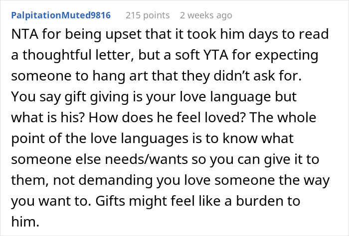 Comment discussing boyfriend refusing to hang anniversary gift on wall, exploring love languages and gift expectations.