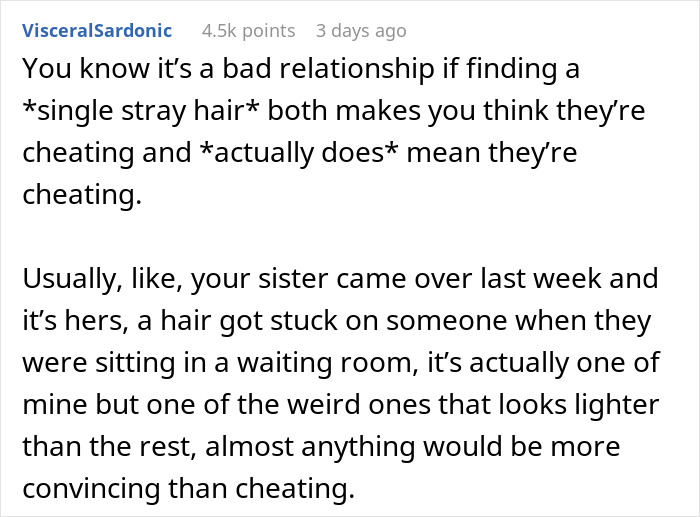 Text post discussing discovering a stranger&rsquo;s hair and confirming cheating in a bad relationship.