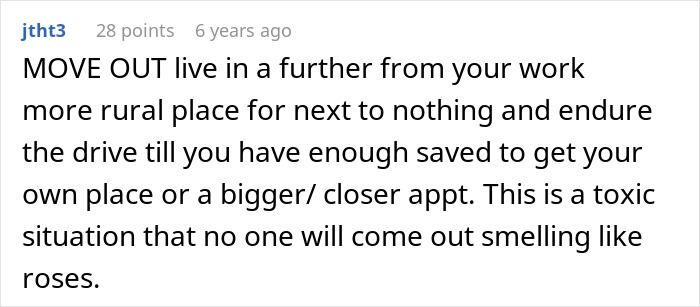 Screenshot of an online comment about a sibling refusing to keep paying rent after discovering sister lives rent free.