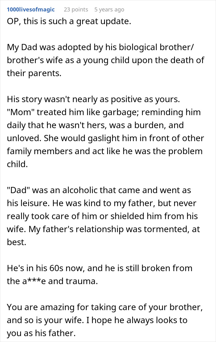 Screenshot of a Reddit comment sharing a personal story about adoption, real parents, and family trauma experiences.
