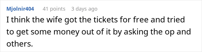 Screenshot of a Reddit comment discussing coworkers realizing the show by superior&rsquo;s wife wasn&rsquo;t free and feeling scammed.