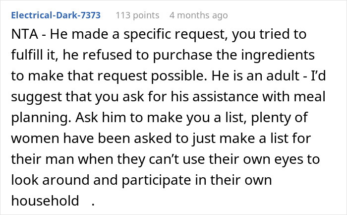 Comment discussing husband refusing to buy ingredients leading to wife cooking the same meal repeatedly after his request.