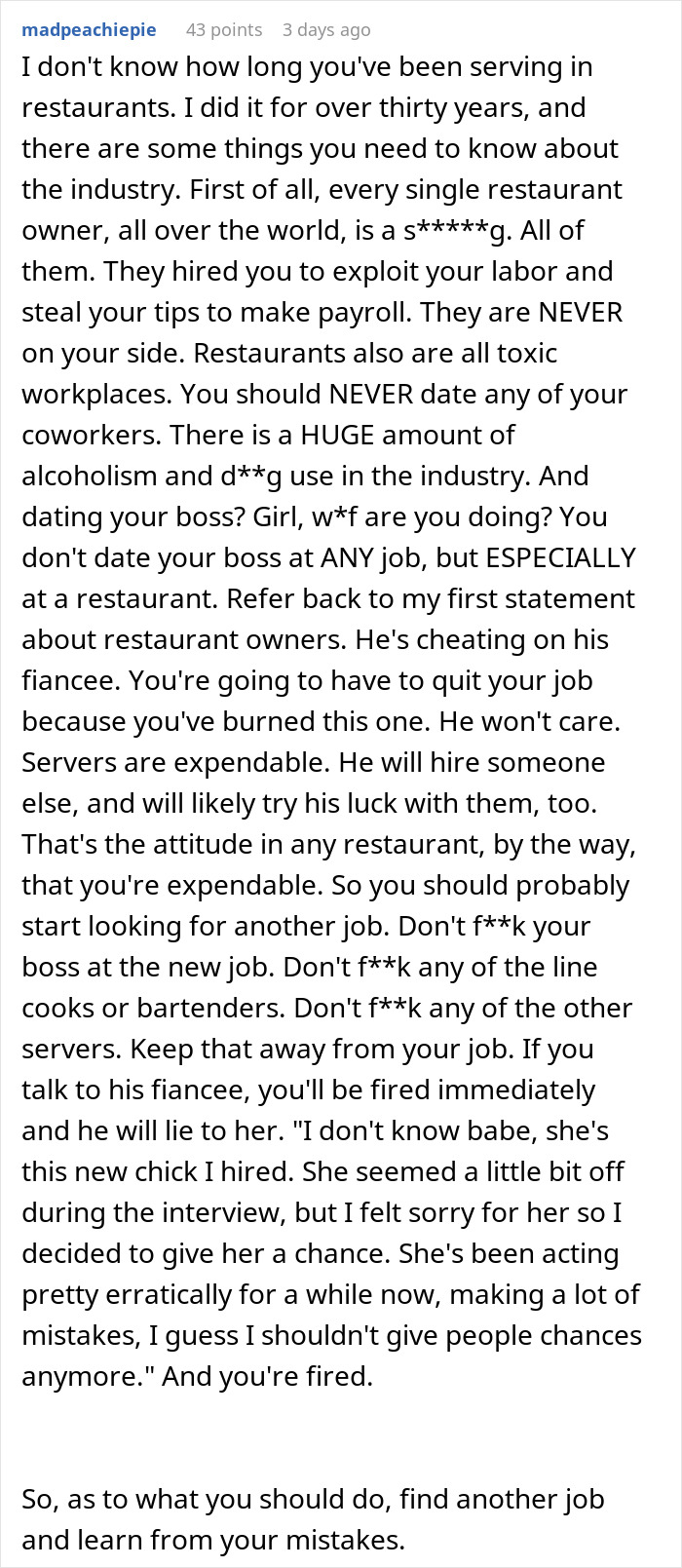 Text post discussing toxic restaurant workplaces, dating coworkers, and warning about a man getting married soon.