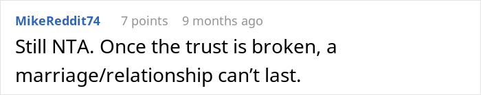 Screenshot of a Reddit comment discussing trust and relationships in a post about a lady kissing another man.