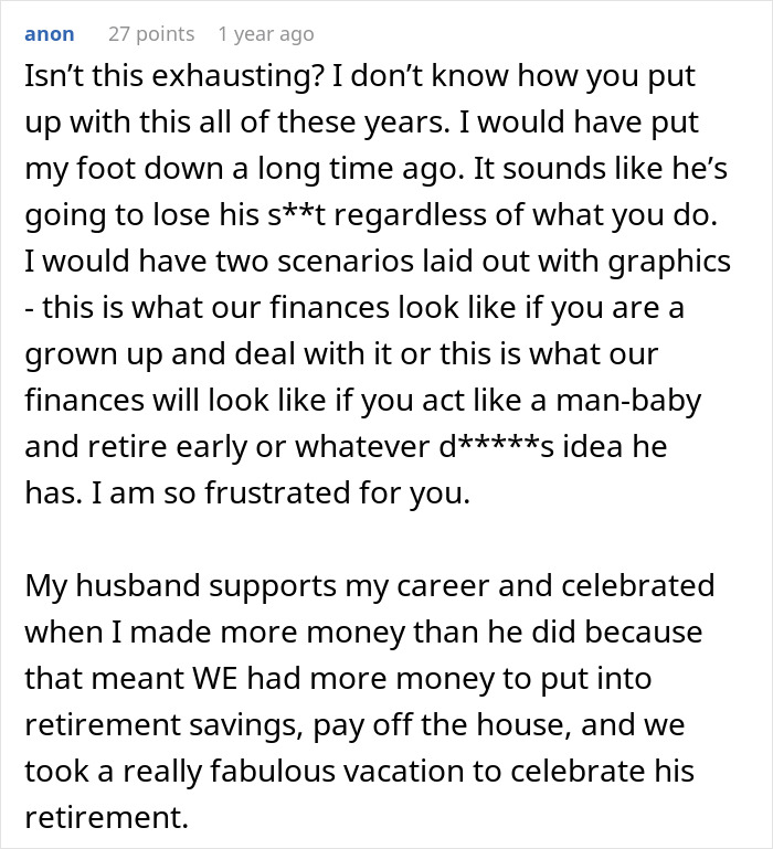 Alt text: Reddit comment discussing wife wondering how to keep husband from feeling emasculated when she makes more money than him