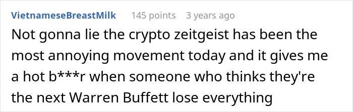 Reddit comment about crypto frustration and losing money, capturing golden child lost parents money crypto sentiment.